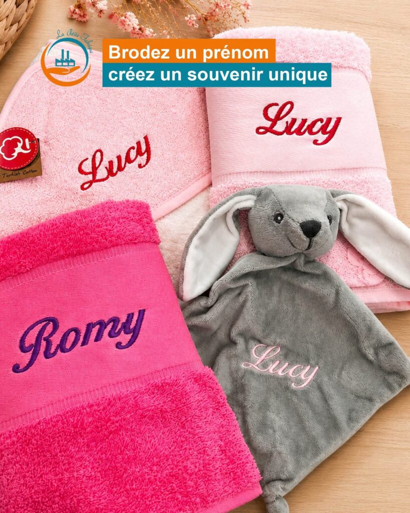 Serviettes et doudous brodés au prénom d’enfants
